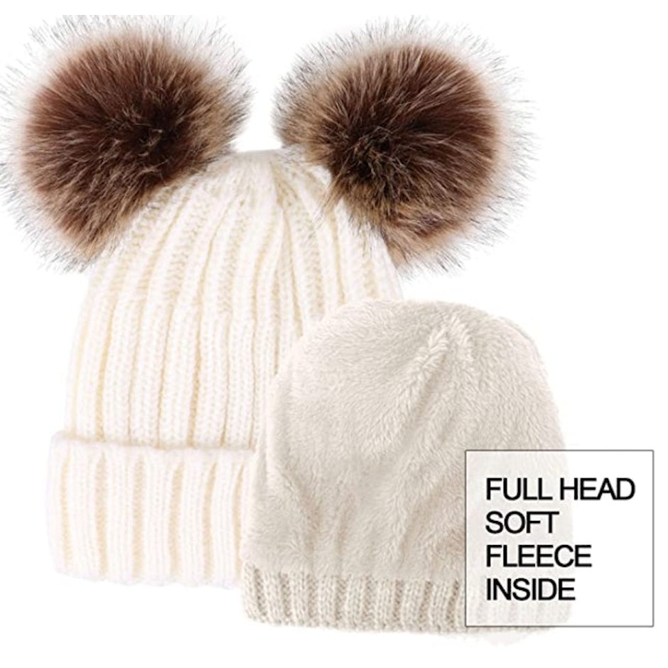 Arctic Paw Cable Knit Beanie with Faux Fur Pompom Ears Image 2