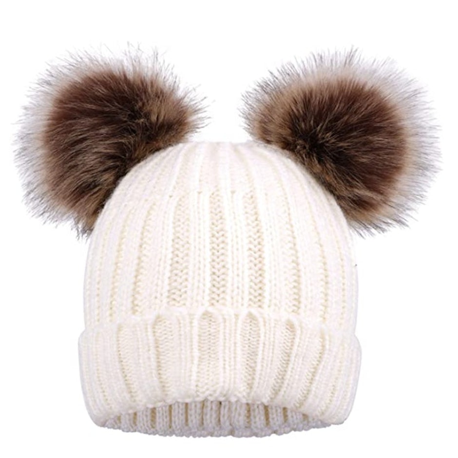 Arctic Paw Cable Knit Beanie with Faux Fur Pompom Ears Image 1