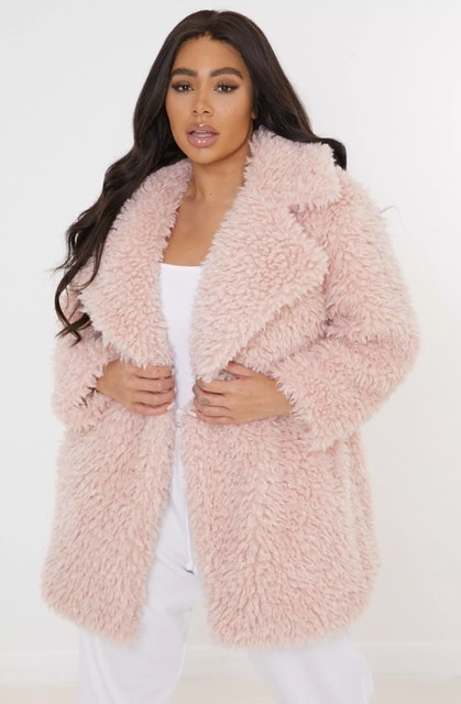 Missguided Plus Size Pink Curly Borg Teddy Coat 1