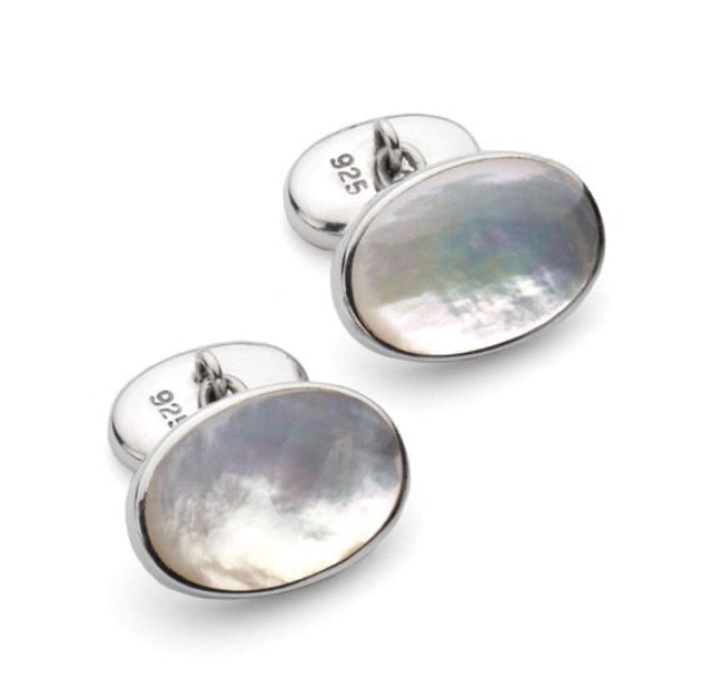 Silver Engraved Gifts Mother of Pearl Stone Classic Chain Link Oval Shaped Cufflinks 1