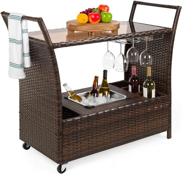Best Choice Products Outdoor Rolling Wicker Bar Cart 1