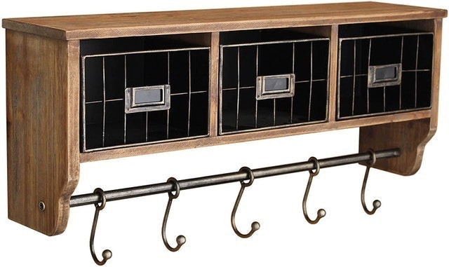 HBCY Creations Rustic Wall-Mounted Shelf With Hooks & Baskets 1