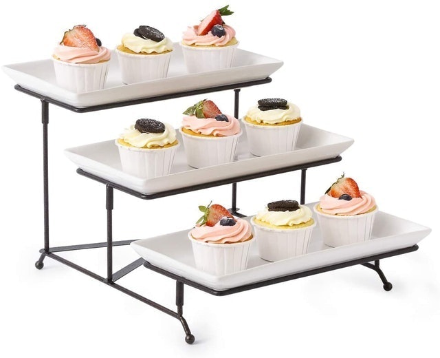 LAUCHUH Collapsible Sturdy Rack with 3 Porcelain Serving Platters 1