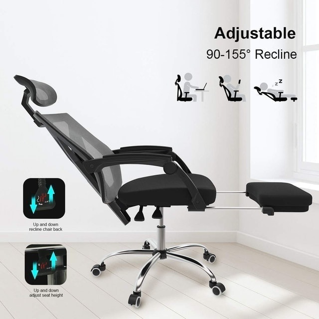 Ergonomic Office Chair 155/° Reclining Computer Chair Headrest High Back Mesh Black-Thick Seat Cushion-Foot Rest